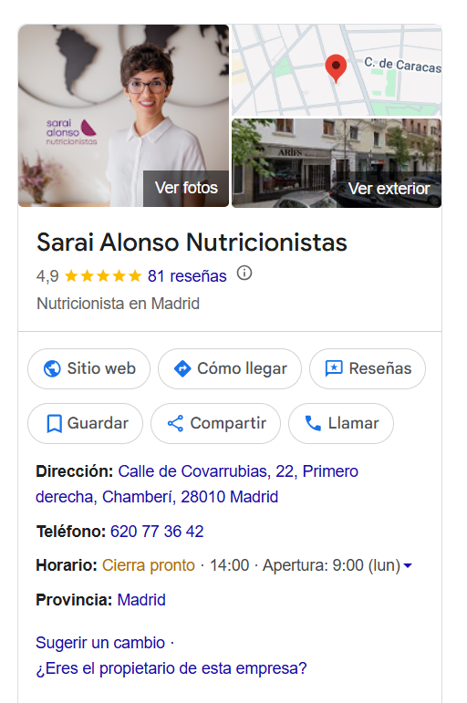 Ficha de Google de Nutrición en Barcelona bien posicionado